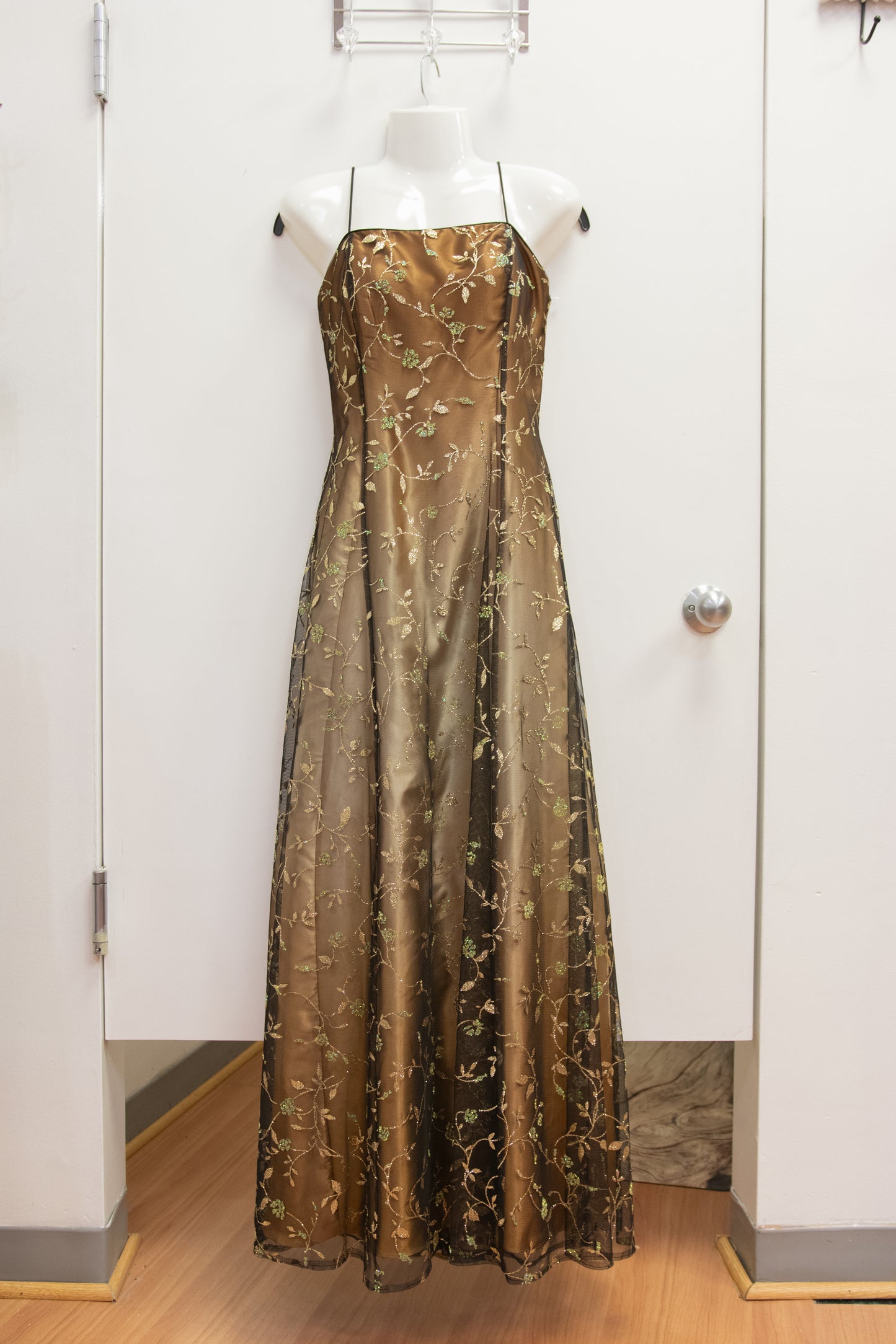 Morgan & Co. Copper and Gold Ombré Dress with Glitter Floral Overlay (Size 7/8)