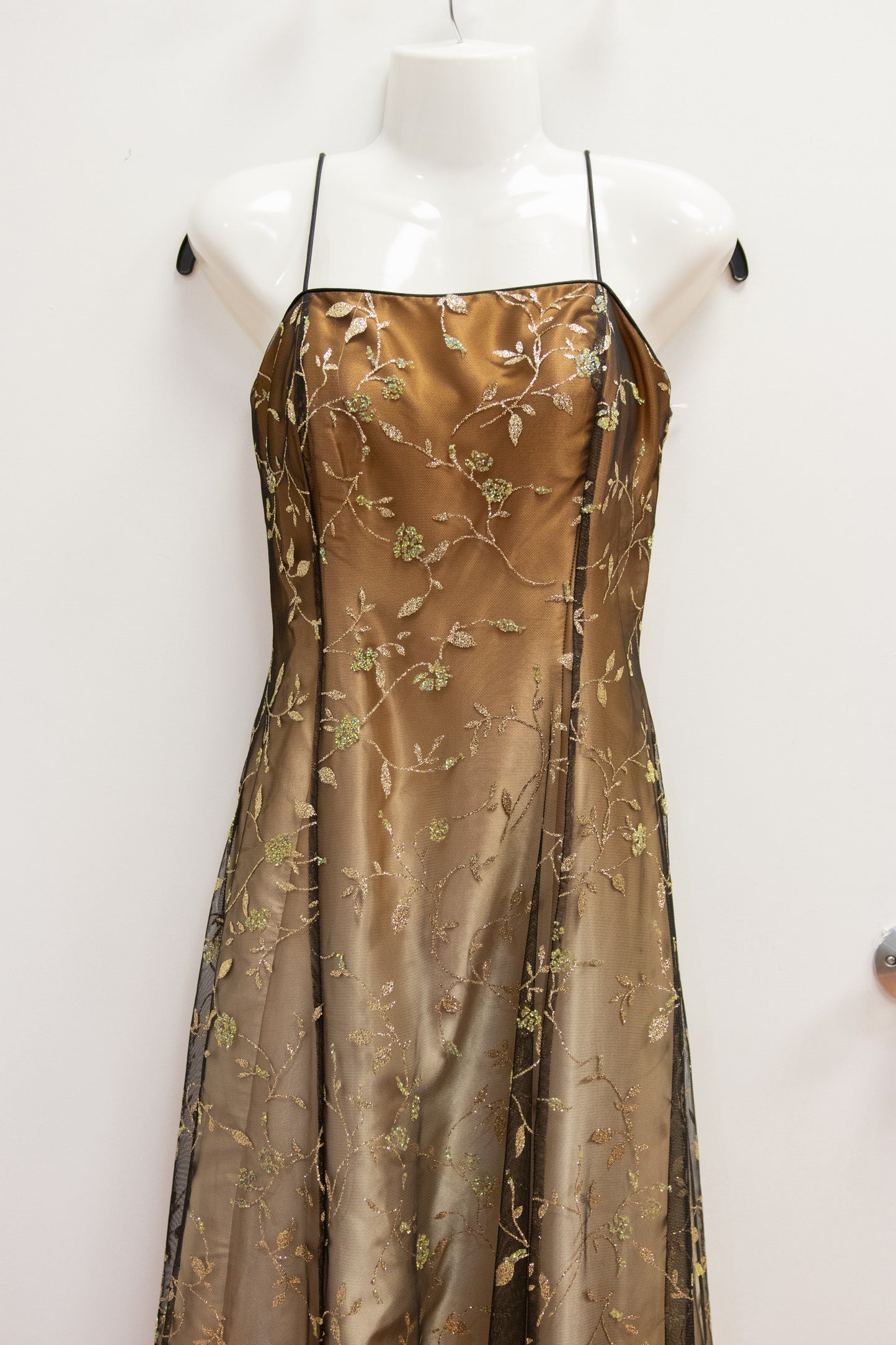 Morgan & Co. Copper and Gold Ombré Dress with Glitter Floral Overlay (Size 7/8)